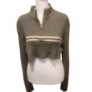 Khaki green Aeropostale cropped sweater with zipper cream rugby stripe 1/2 zip